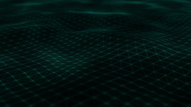 Green neon geometric lattice in slow motion. Digital ocean. Seamless loop.