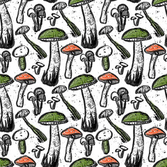 Seamless pattern with a variety of forest mushrooms