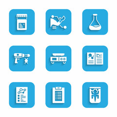 Set Electronic scales, Clinical record, Experimental animal, Transfer liquid gun, Test tube and flask and Jar with additives icon. Vector