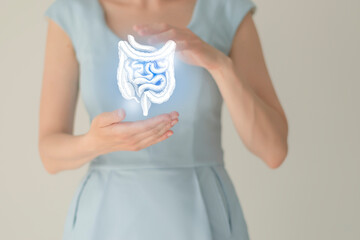 Woman in blue clothes holding virtual intestine in hand. Handrawn human organ, detox and healthcare, healthcare hospital service concept stock photo