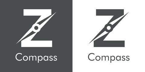 Logotipo con texto Compass con letra inicial Z con forma de brújula en fondo gris y fondo blanco