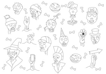 Set of vector illustrations with graphic design elements on the theme of Halloween. Zombies and zombie hands