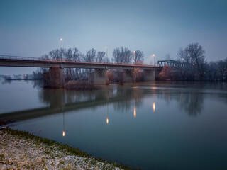 Bridge over the Sava River in Bosanski Brod, Bosnia and Herzegovina in winter at dusk