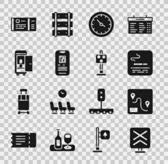 Set Railroad crossing, Route location, Smoking area, Train station clock, E-ticket train, Toilet the car, and traffic light icon. Vector