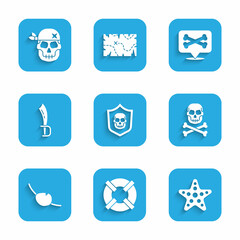 Set Shield with pirate skull, Lifebuoy, Starfish, Skull on crossbones, Pirate eye patch, sword, Location and icon. Vector