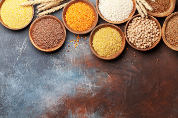 Obraz na płótnie Canvas Gluten free cereals. Rice, buckwheat, corn groats, quinoa and millet