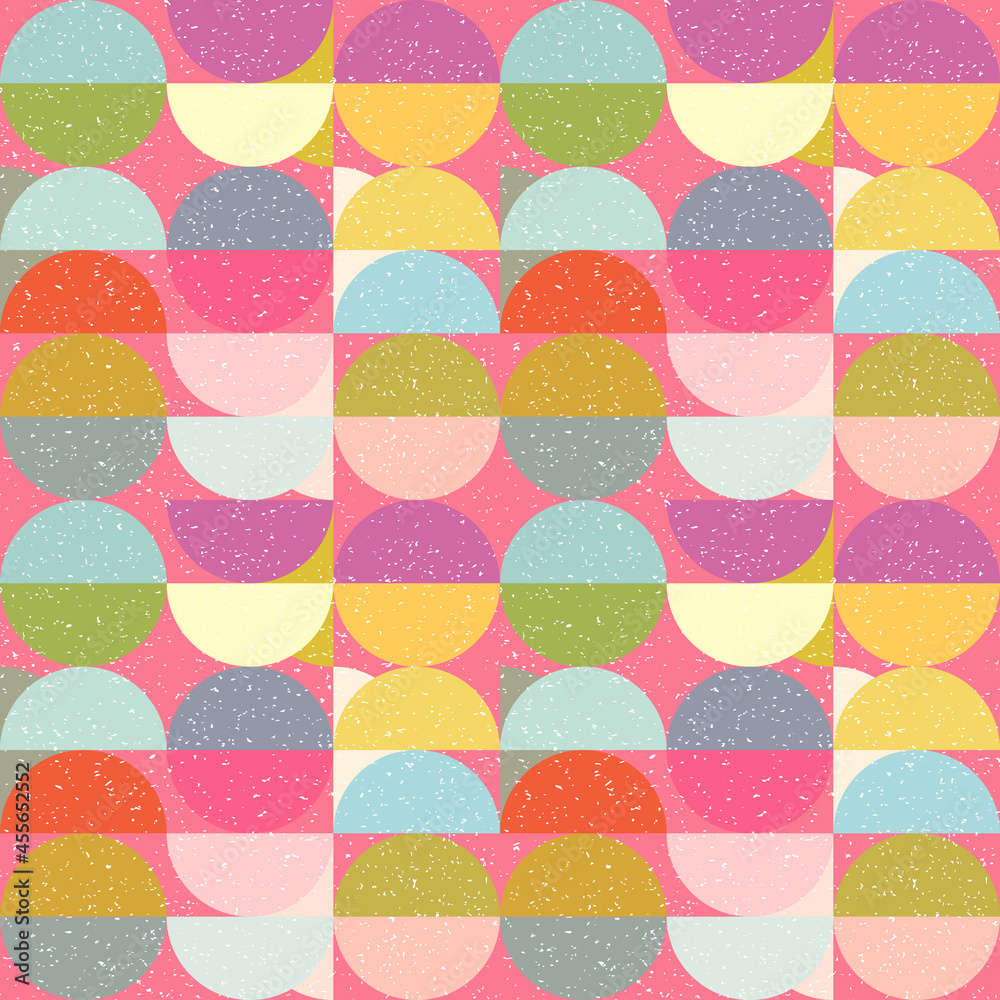 Aufkleber Modern vector abstract seamless geometric pattern with semicircles and circles in retro scandinavian style. Pastel colored colorful shapes with worn out texture .