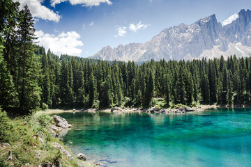 Naklejka na ściany i meble Lake Carezza with Mount Latemar, Bolzano province, South tyrol, Italy