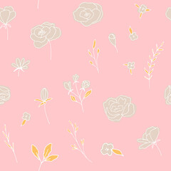 Fototapeta na wymiar Floral vector seamless pattern with flowers, berries, leaves and twigs. Beautiful hand drawn bouquets in pastel colors in vintage style.