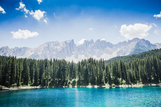 Lake Carezza with Mount Latemar, Bolzano province, South tyrol, Italy