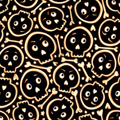 Seamless pattern with funny glowing skulls and bones Halloween illustration