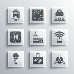 Set Suitcase, Plane propeller, Router and wi-fi signal, Airport control tower, Hot air balloon, Helicopter landing pad, Airplane window and Conveyor belt with suitcase icon. Vector