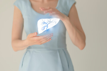 Woman in blue clothes holding virtual gall bladder in hand. Handrawn human organ, detox and...