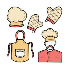 Chef's outfit collection, with hand drawn outline vector illustration