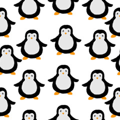 Seamless pattern with penguins. Design for a holiday. Printing for wrapping paper. An illustration for printing. Children's composition. Texture for fabric and paper.