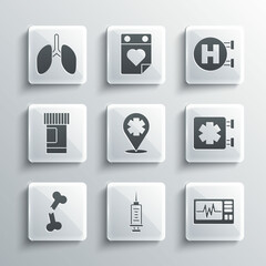 Set Syringe, Monitor with cardiogram, Medical symbol of the Emergency, Location cross hospital, Human broken bone, Medicine bottle and pills, Lungs and Hospital signboard icon. Vector