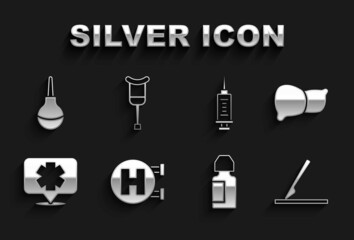 Set Hospital signboard, Human organ liver, Medical surgery scalpel, Eye drop bottle, symbol of the Emergency, Syringe, Enema and Crutch crutches icon. Vector