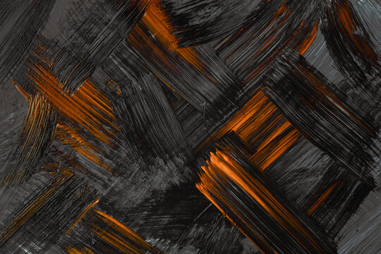 Abstract art background dark orange and black colors. Watercolor painting on canvas with gray strokes and splash.