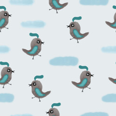 Seamless pattern with a bird. Design for a holiday. Printing for wrapping paper. An illustration for printing. Children's composition. Texture for fabric and paper.