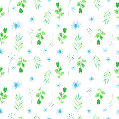 Fototapeta na wymiar Seamless watercolor pattern. Seamless design with blue flowers and greenery