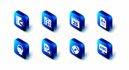 Set School building, Calendar, Exam sheet with A plus grade, Alphabet, American Football ball, Human brain and Audio book icon. Vector