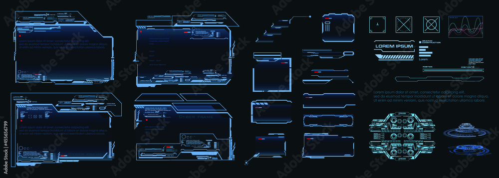 Poster set of holographic neon frames and elements for hud user interface. conceptual design holographic mo