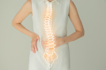 Woman in white clothes, handrawn human Spine, healthcare  service concept stock photo