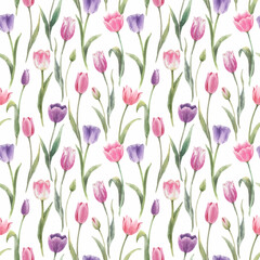 Beautiful vector floral seamless pattern with hand drawn watercolor tulip flowers. Stock illustration.