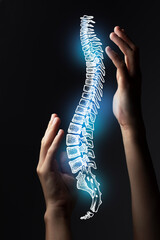 Aesthitic handdrawn illustration of human spine highlighted blue. Photo collage with female hand on...