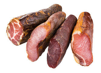 Whole ham, sausage, prosciutto, jamon, bacon. Meat antipasto, banner, menu, white background.