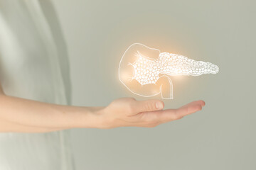 Woman in white clothes, handrawn human pancreas, healthcare service concept stock photo