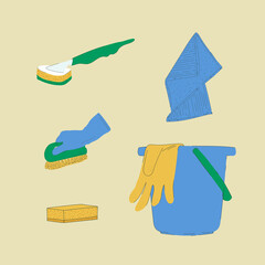 Laundry and cleaning service. A set of illustrations with a bucket, rags, sponges, brushes. Cartoon pictures for the design of the Apartment cleaning Service. Vector illustration