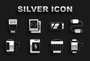 Set Battery for camera, USB cable cord, Camera roll cartridge, photo lens, Photo flash and frame icon. Vector