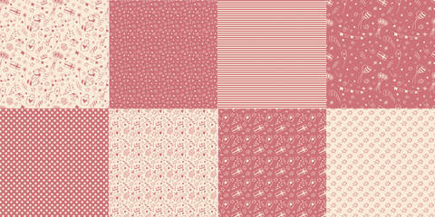 Set of vector doodle birthday seamless patterns in pink and champagne colors. Cute cartoon vector background for St. Valentine's with daisies, gift, flags, balloons, sweets, petard, heart for decor