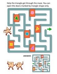 Math maze game: Help the triangle get through the maze. You can open the doors marked by triangle shape only. Answer included.
