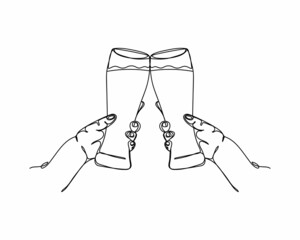 Continuous one line drawing of two friends hands holding glasses of beer oktoberfest concept icon in silhouette on a white background. Linear stylized.