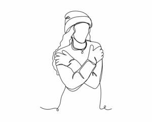 Fototapeta premium Continuous one line drawing of winter woman christmas concept icon in silhouette on a white background. Linear stylized.