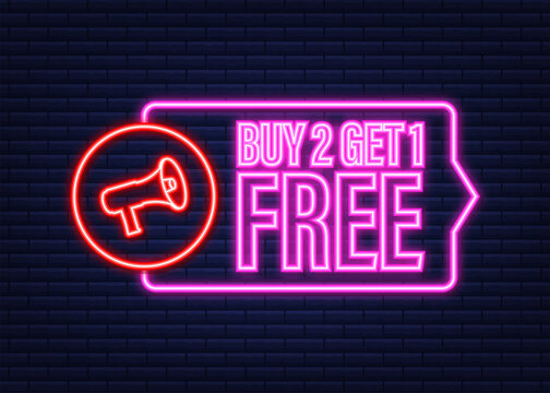 Buy 2 Get 1 Free, sale tag, banner design template. Neon icon. Vector stock illustration.
