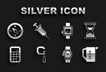 Set Micrometer, Old hourglass with sand, Measuring cup, Wrist watch, Calculator, Smart, Compass and Syringe icon. Vector