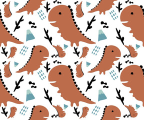 Cartoon seamless pattern with dinosaurs and palm trees. Vector illustration for kids. Use for print design, surface design, fashion kids wear