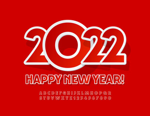 Vector modern Greeting Card Happy New Year 2022! Bright sticker Font. Red festive Alphabet Letters and Numbers set 
