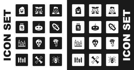 Set Vampire, Pumpkin, Eye jar, Funny and scary ghost mask, Coffin with cross, Witch, Psilocybin mushroom and Burning candle icon. Vector