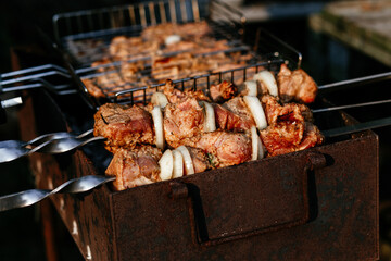 The meat is grilled on the grill. Shashlik