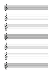 Musical notation with lines and treble clef on a white background. Template for teaching and recording melodies, compositions. Vector.
