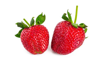 Two sweet ripe red strawberries with green cuttings and leaves