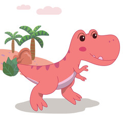 Hand drawn cute Pink dino and Prehistoric forest Jurassic background. Vector illustration with the word wild.
