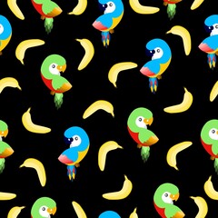 Obraz premium Seamless pattern with ara parrots and bananas. Blue, yellow, green, pink, red. Black background. Cartoon style. Cute and funny. For kids post cards, stationery, wallpaper, textile, wrapping paper