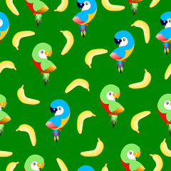 Seamless pattern with ara parrots and bananas. Blue, yellow, green, pink, red. Green background. Cartoon style. Cute and funny. For kids post cards, stationery, wallpaper, textile, wrapping paper