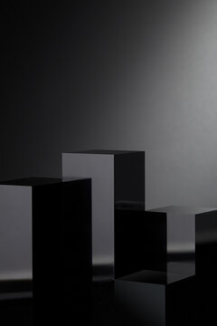 Empty black podium on dark background with cylinder stand concept. Blank product shelf standing backdrop.