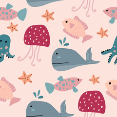 Seamless cute pattern with sea creatures with fish, jellyfish, dolphins, starfish. And squid swimming in the sea. Vector underwater world.